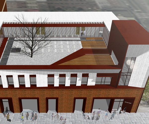 This project is an existing warehouse renovation project locates in historical manufacturing area in Queens. In order to maintain the existing industrial elements and introducing new architecture figure at the same time, the previous first floor red-brick façade in remained and accompanied with new Cor-Ten steel and white concrete panels on the second and third floors.